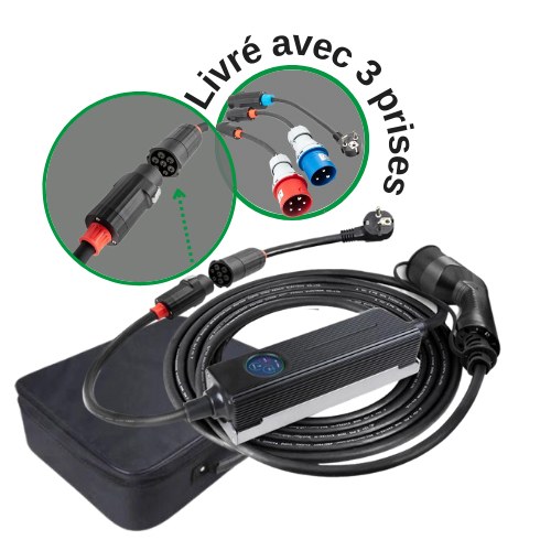 [2190] Chargeur portable Type 2 - 10-32A 2,3kw à 16kw+adaptateurs - 6 mètres